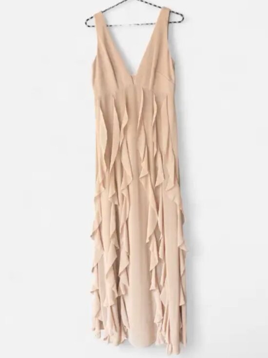 Watters / Wtoo Dresses & Skirts - Watters Wtoo Ruffle V-Neck Maxi Dress Nude Blush - Size 8 (Style 60710)